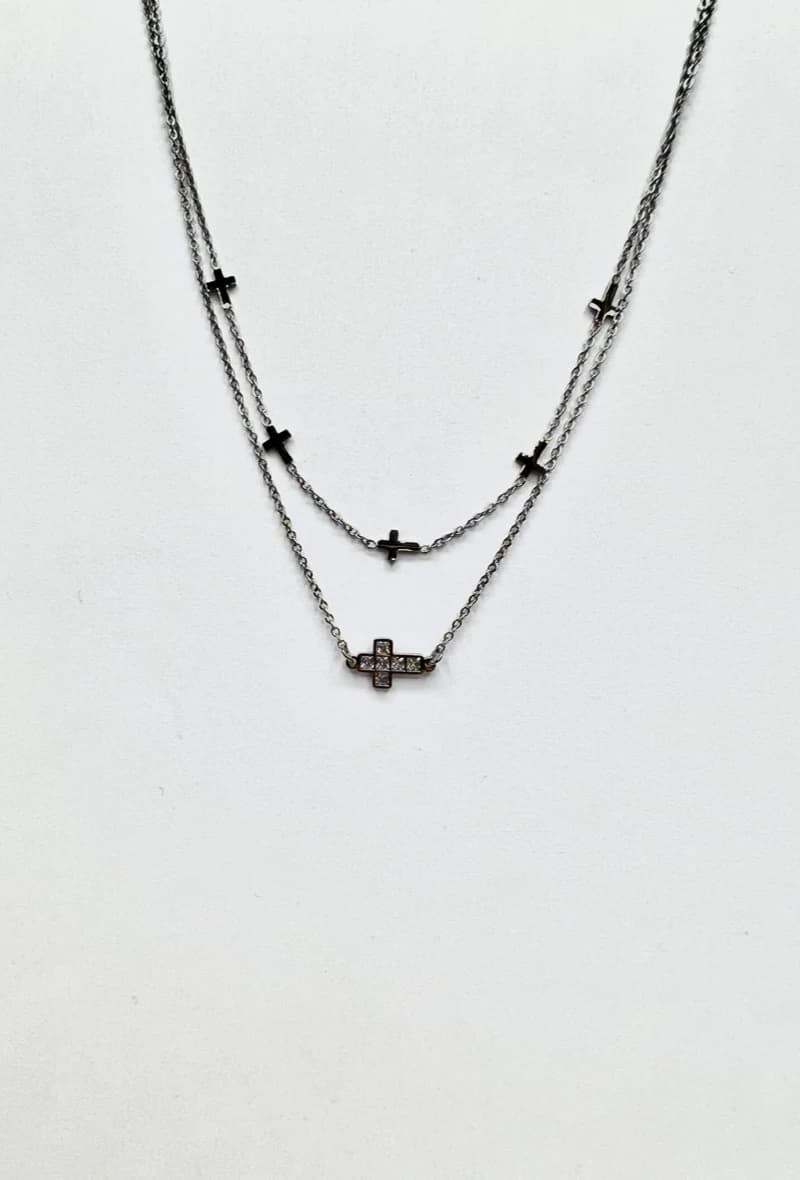 Collier double chaine croix