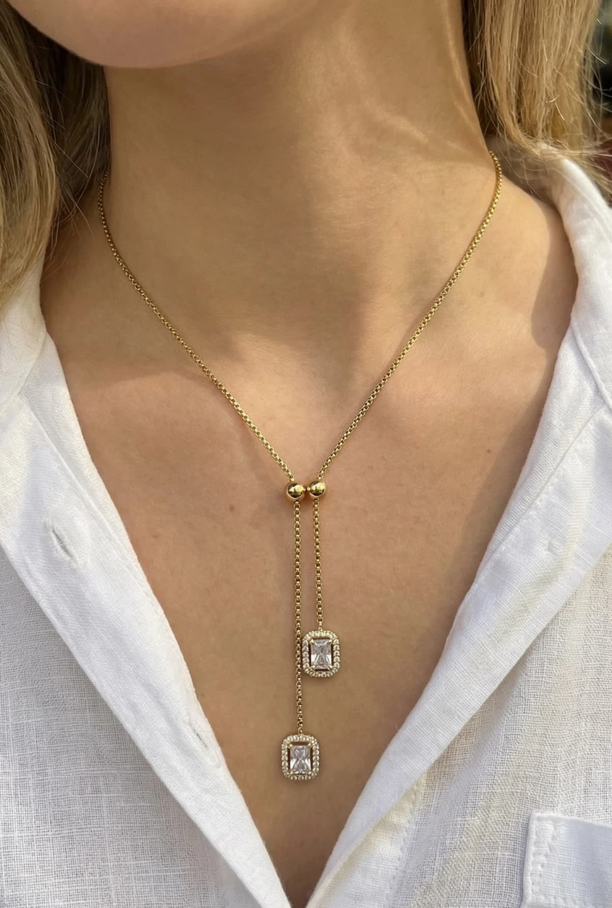 Collier Y rectangle strass