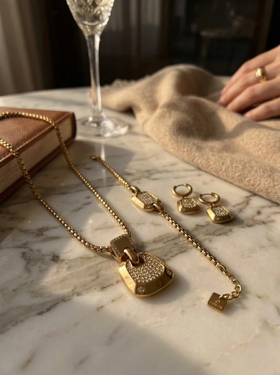 Parure bijoux en acier inoxydable carré strassé